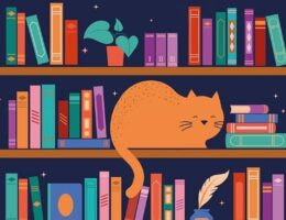 Sulla copertina di Delitto tra le pagine di Miranda James c'è l'illustrazione di una libreria piena di libri, tra cui dorme un gattone rosso