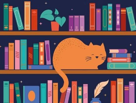 Sulla copertina di Delitto tra le pagine di Miranda James c'è l'illustrazione di una libreria piena di libri, tra cui dorme un gattone rosso