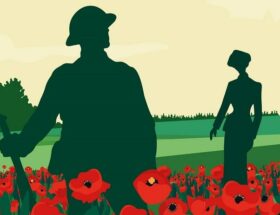 Sulla copertina de Il ritorno del soldato di Rebecca West c'è un'illustrazione che mostra le sagome oscure di una donna e di un soldato, in un prato verde pieno di papaveri rossi