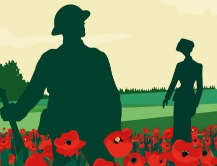 Sulla copertina de Il ritorno del soldato di Rebecca West c'è un'illustrazione che mostra le sagome oscure di una donna e di un soldato, in un prato verde pieno di papaveri rossi