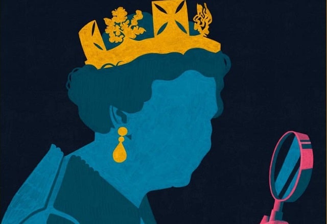 sulla copertina de Il nodo Windsor di S.J. Bennett c'è la foto stilizzata della Regina Elisabetta II d'Inghilterra che impugna una lente d'ingrandimento per indagare su un mistero
